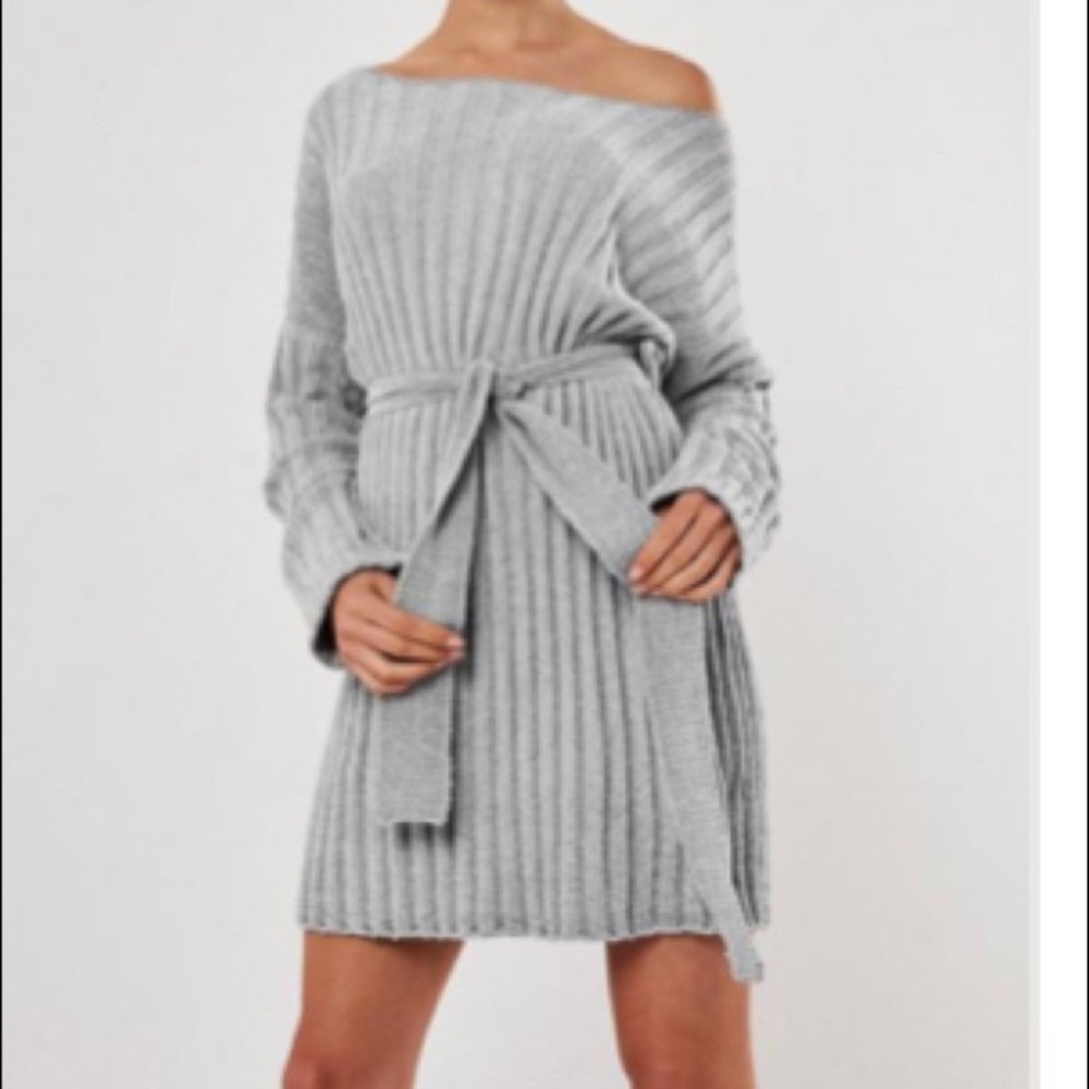 gray chenille belted jumper dress